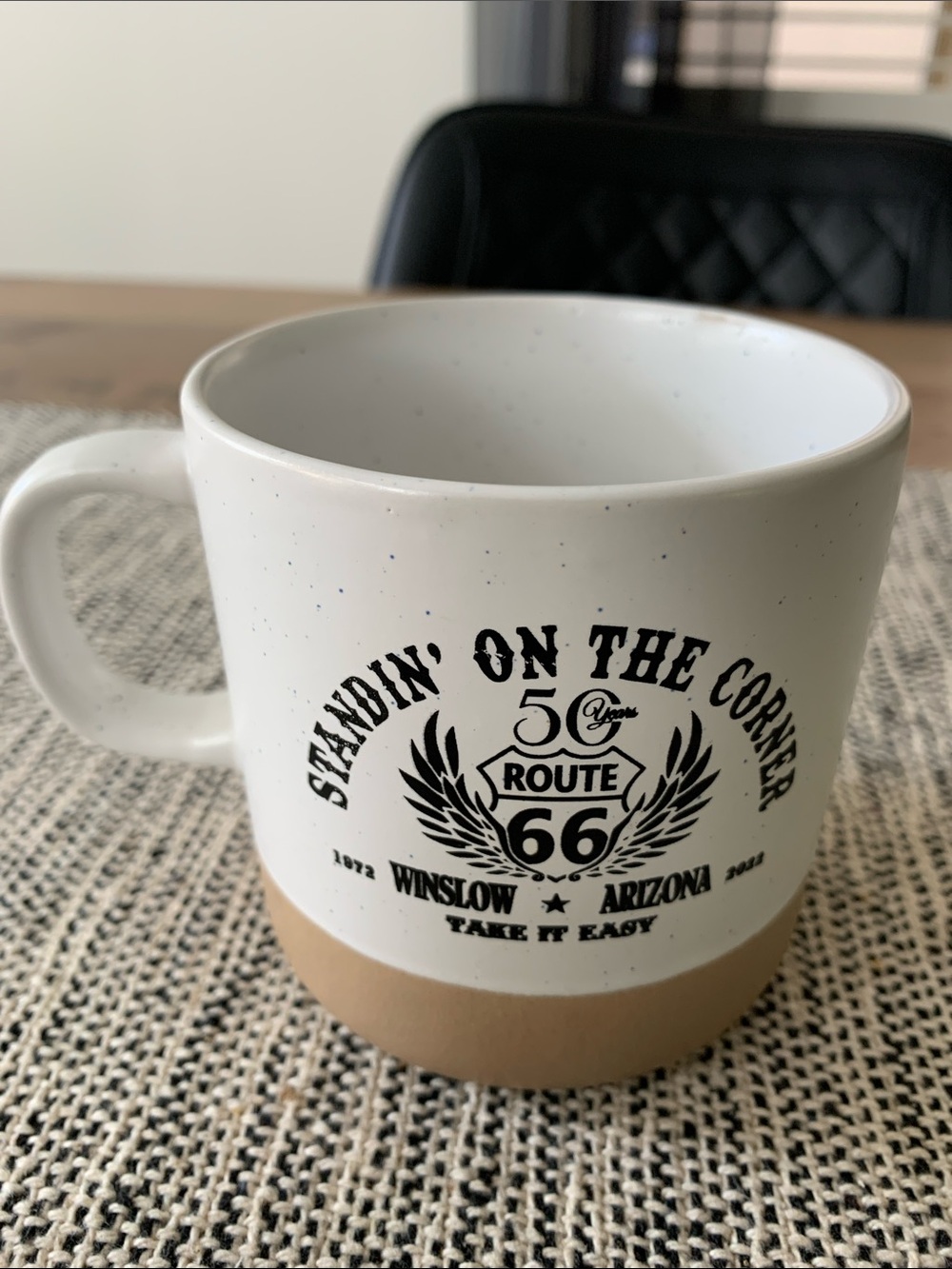 Route 66 Winslow Arizona White and Tan Ceramic Mug